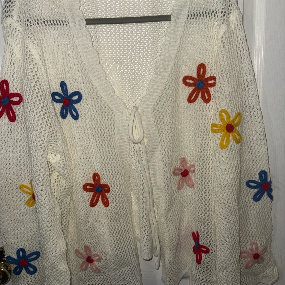 BloomChic White Open-Knit Tie-Front Cardigan with Multi Color Floral Appliqués